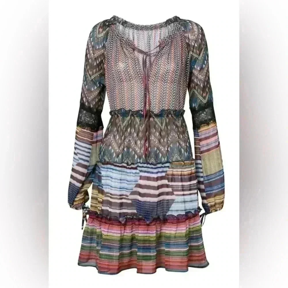 Desigual Lena Tiered Dress Womens Size 44 US Large Multicolor Lined Sheer Ruffle